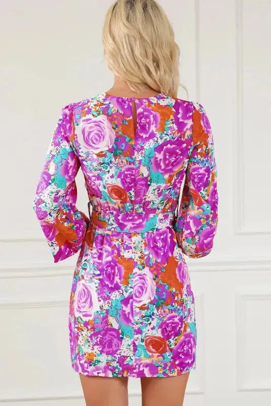 Purple Floral Keyhole Back Long Sleeve Belted Dress - Fashionfitz