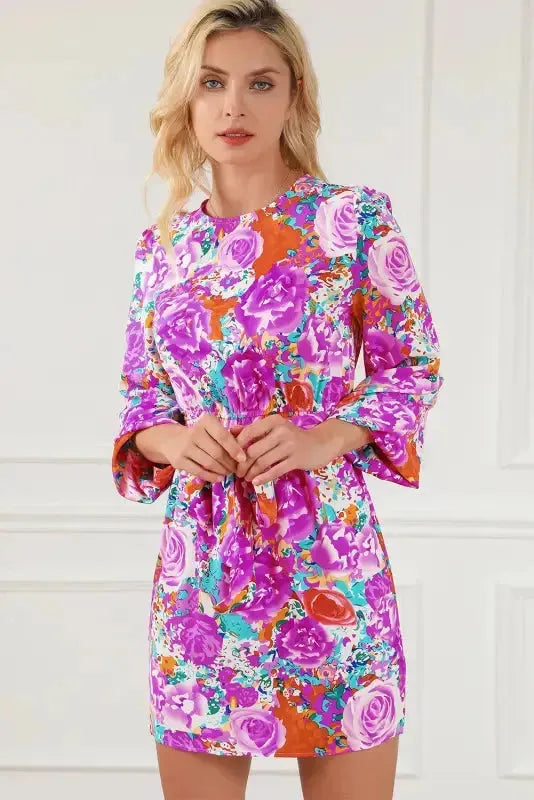 Purple Floral Keyhole Back Long Sleeve Belted Dress - Fashionfitz