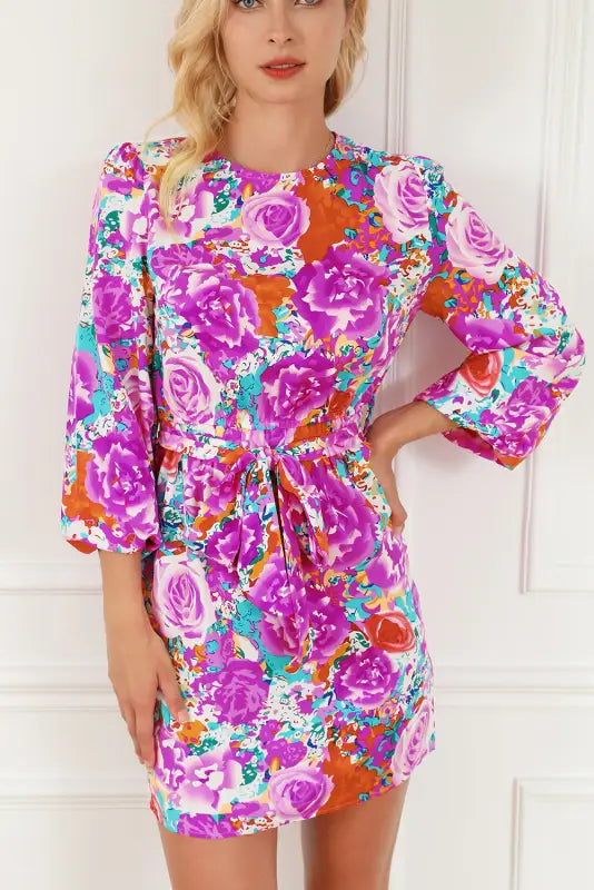 Purple floral keyhole back long sleeve belted dress