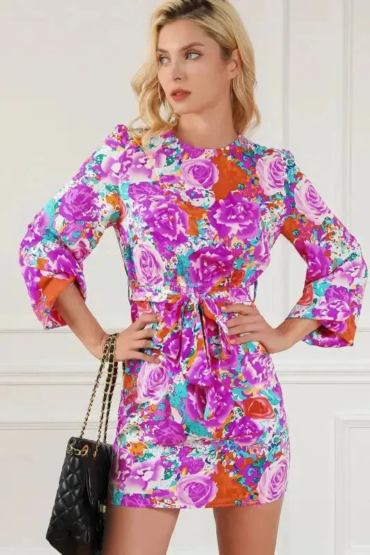 Purple Floral Keyhole Back Long Sleeve Belted Dress - Fashionfitz