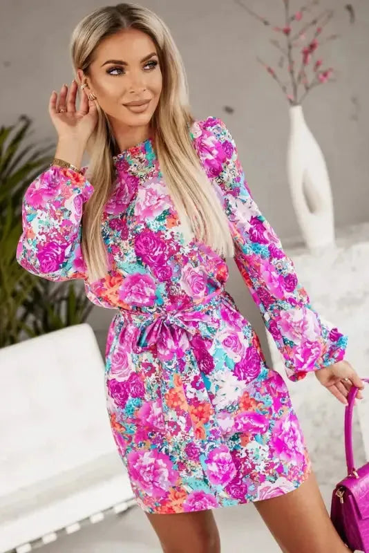 Purple Floral Keyhole Back Long Sleeve Belted Dress - Fashionfitz
