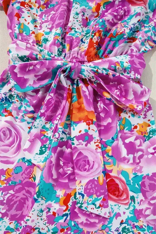 Purple Floral Keyhole Back Long Sleeve Belted Dress - Fashionfitz