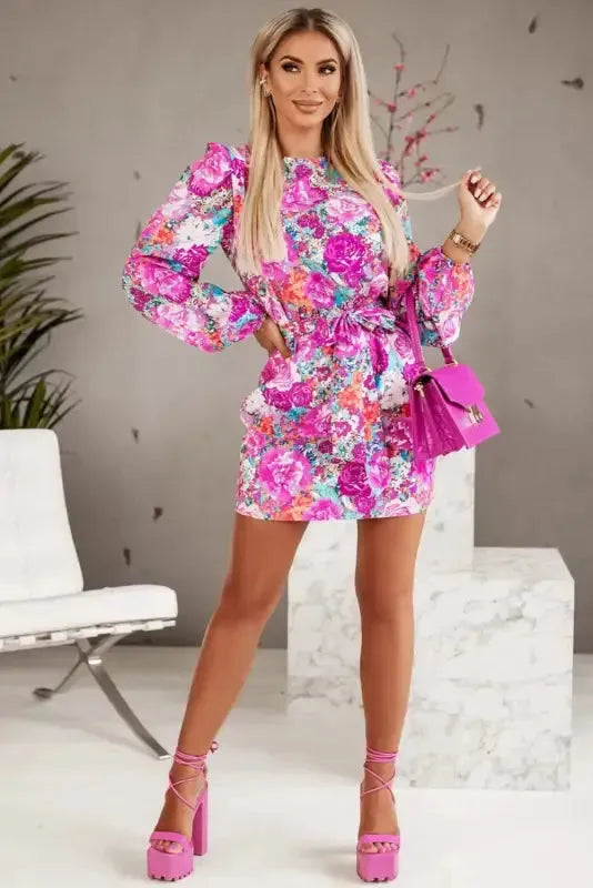 Purple Floral Keyhole Back Long Sleeve Belted Dress - Fashionfitz