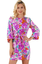 Purple Floral Keyhole Back Long Sleeve Belted Dress - Fashionfitz