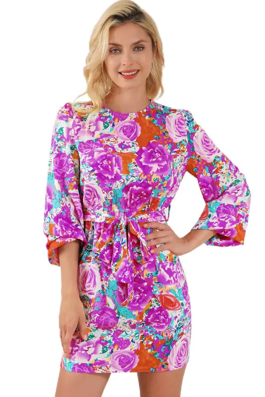 Purple floral keyhole back long sleeve belted dress