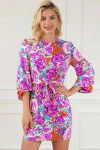Purple Floral Keyhole Back Long Sleeve Belted Dress - Fashionfitz