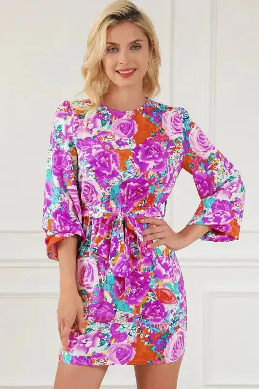 Purple Floral Keyhole Back Long Sleeve Belted Dress - Fashionfitz