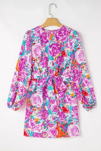 Purple Floral Keyhole Back Long Sleeve Belted Dress - Fashionfitz