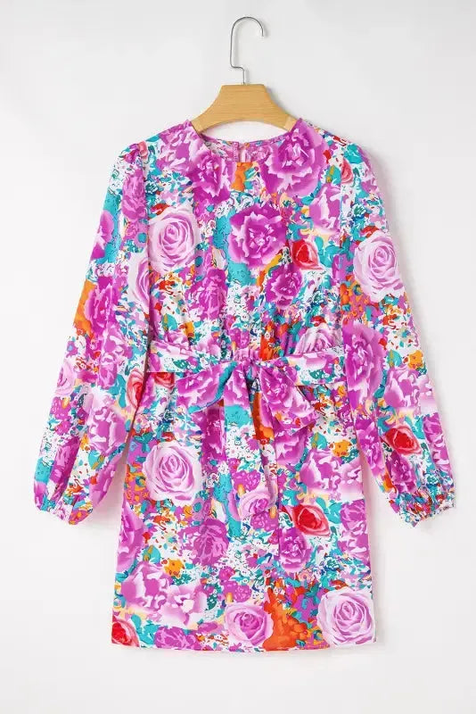 Purple Floral Keyhole Back Long Sleeve Belted Dress - Fashionfitz