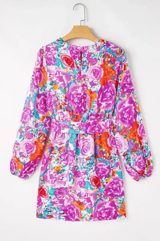 Purple Floral Keyhole Back Long Sleeve Belted Dress - Fashionfitz