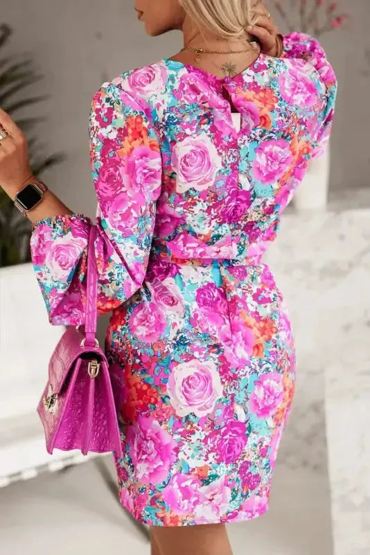Purple Floral Keyhole Back Long Sleeve Belted Dress - Fashionfitz
