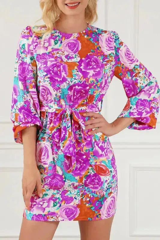 Purple Floral Keyhole Back Long Sleeve Belted Dress - Fashionfitz