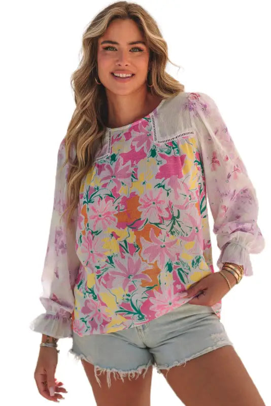 Purple floral patchwork lace trim blouse - tops