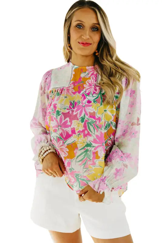 Purple floral patchwork lace trim blouse - tops