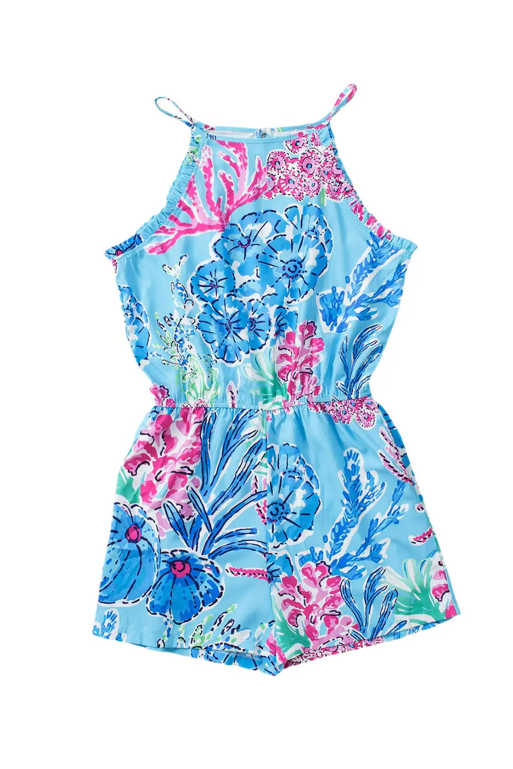 Purple floral print pocketed frill sleeveless romper - jumpsuits & rompers