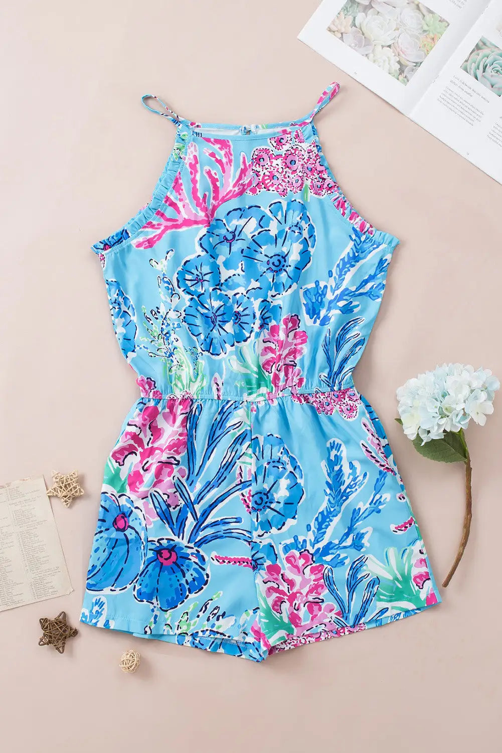 Purple floral print pocketed frill sleeveless romper - jumpsuits & rompers