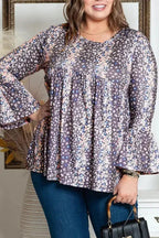 Purple Floral Print Round Neck Plus Size Babydoll Blouse - Fashionfitz
