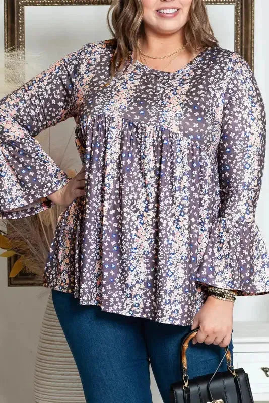 Purple Floral Print Round Neck Plus Size Babydoll Blouse - Fashionfitz