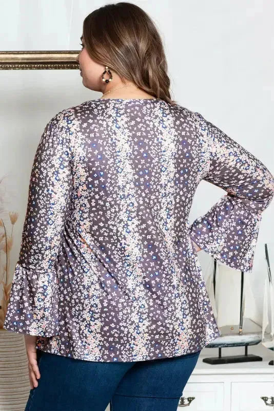 Purple Floral Print Round Neck Plus Size Babydoll Blouse - Fashionfitz