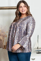 Purple Floral Print Round Neck Plus Size Babydoll Blouse - Fashionfitz