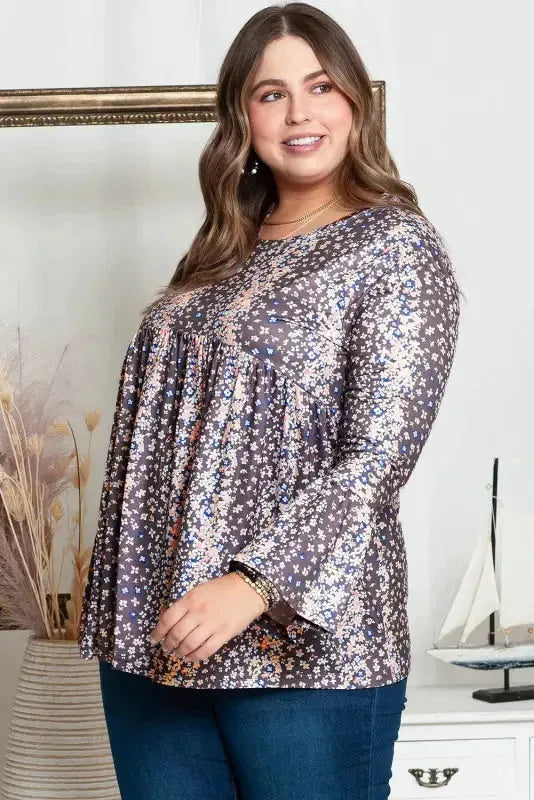 Purple Floral Print Round Neck Plus Size Babydoll Blouse - Fashionfitz