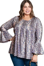 Purple Floral Print Round Neck Plus Size Babydoll Blouse - Fashionfitz