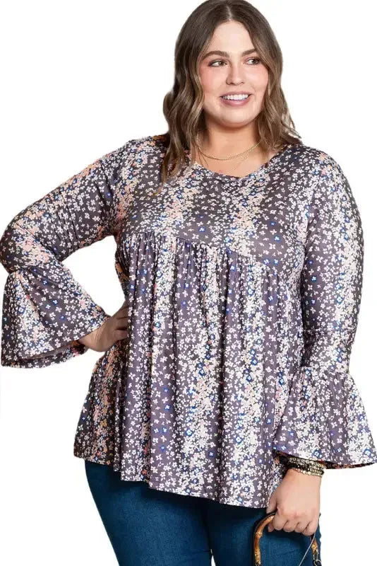 Purple Floral Print Round Neck Plus Size Babydoll Blouse - Fashionfitz