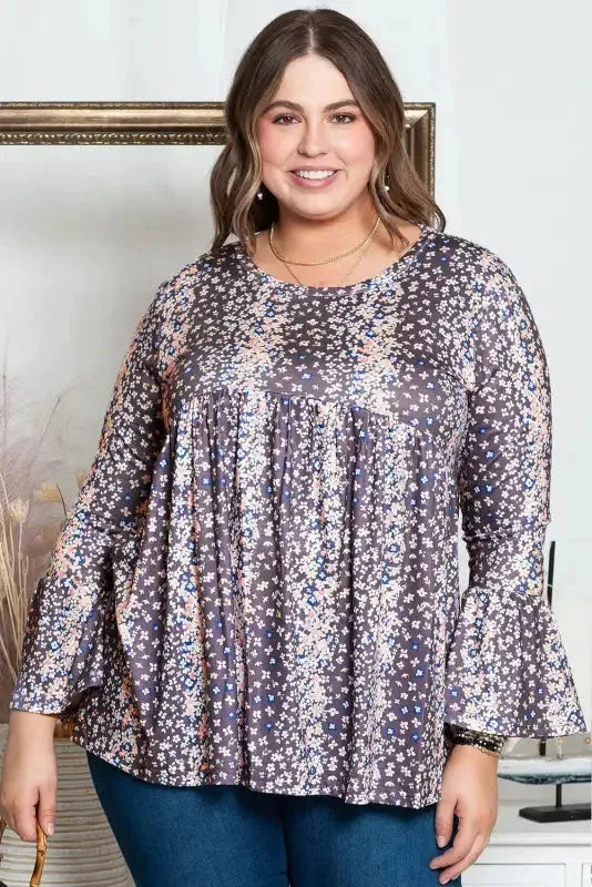 Purple Floral Print Round Neck Plus Size Babydoll Blouse - Fashionfitz