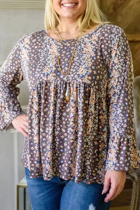 Purple Floral Print Round Neck Plus Size Babydoll Blouse - Fashionfitz