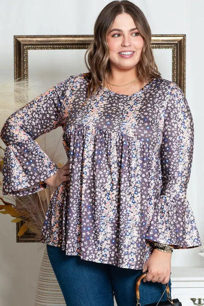 Purple floral print round neck plus size babydoll blouse - 1x / 95% polyester + 5% elastane