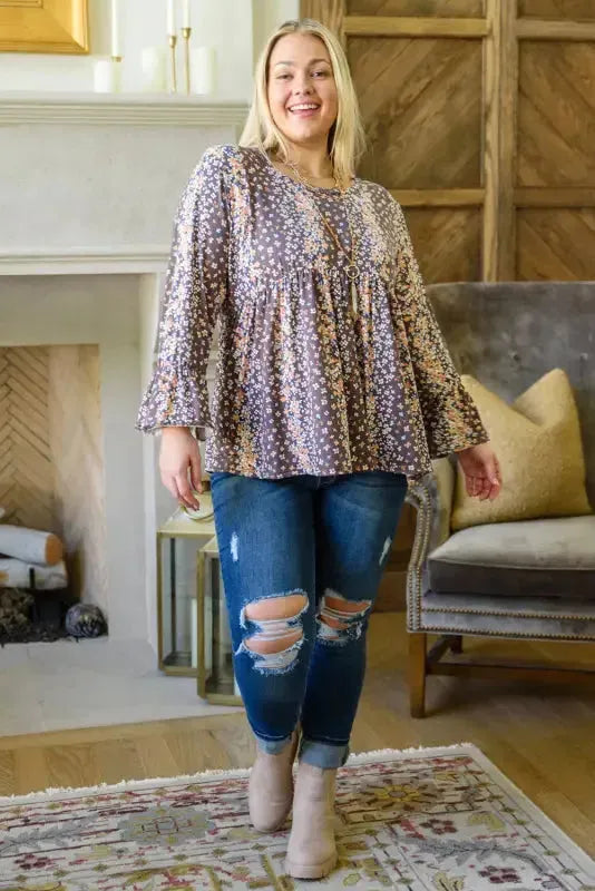 Purple Floral Print Round Neck Plus Size Babydoll Blouse - Fashionfitz