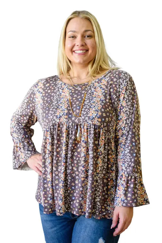 Purple floral print round neck plus size babydoll blouse