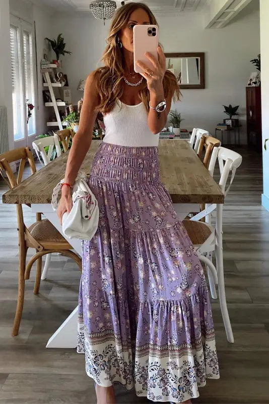 Purple floral print shirred high waist maxi skirt - skirts