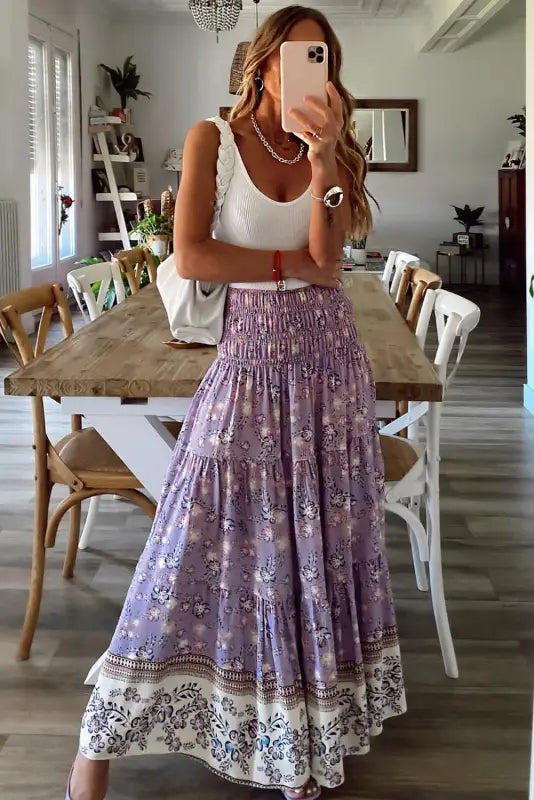 Purple floral print shirred high waist maxi skirt - skirts