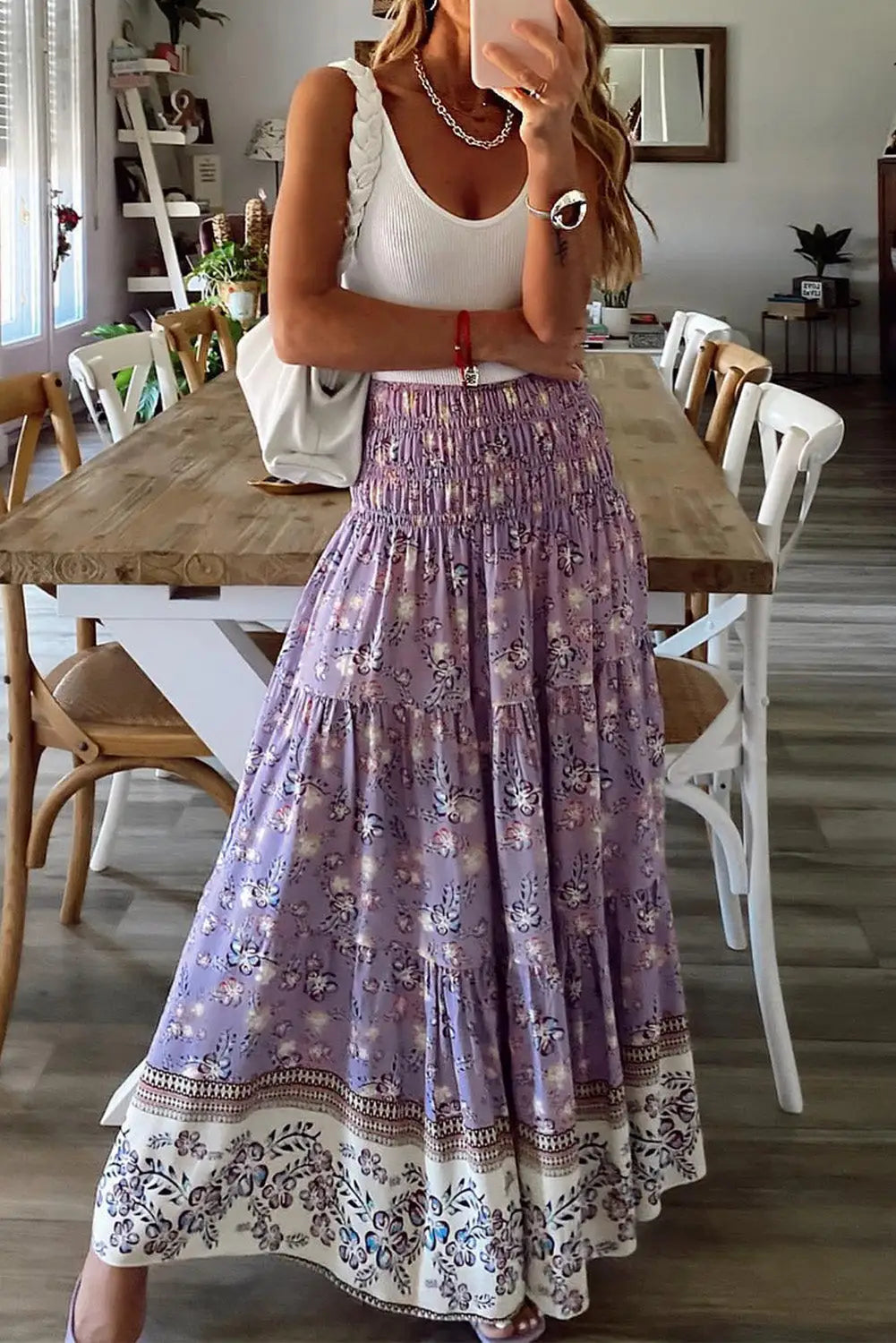Purple floral print shirred high waist maxi skirt - skirts