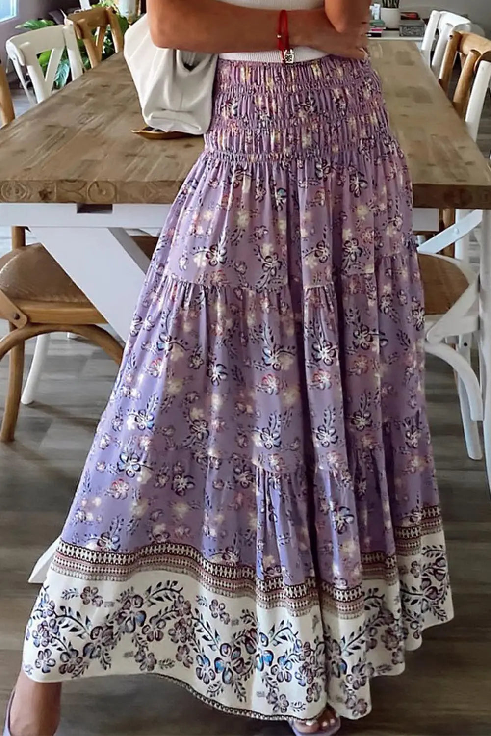 Purple floral print shirred high waist maxi skirt - s / 100% polyester - skirts