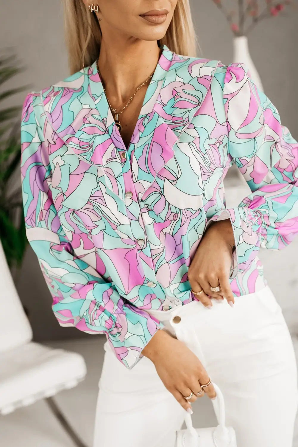 Purple floral printed ruffle lapel v neck shirt - s / 100% polyester - blouses & shirts
