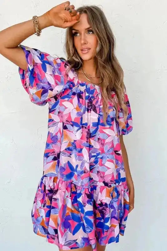 Purple Flower Mini Dress - Fashionfitz