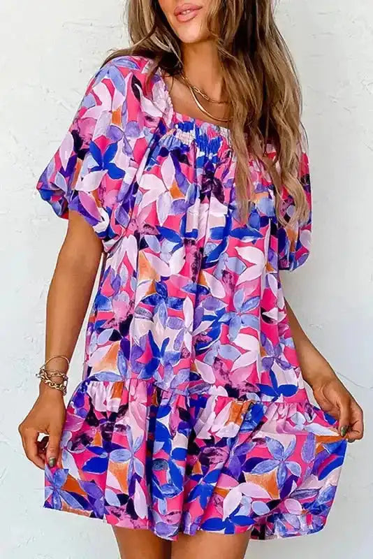 Purple Flower Mini Dress - Fashionfitz