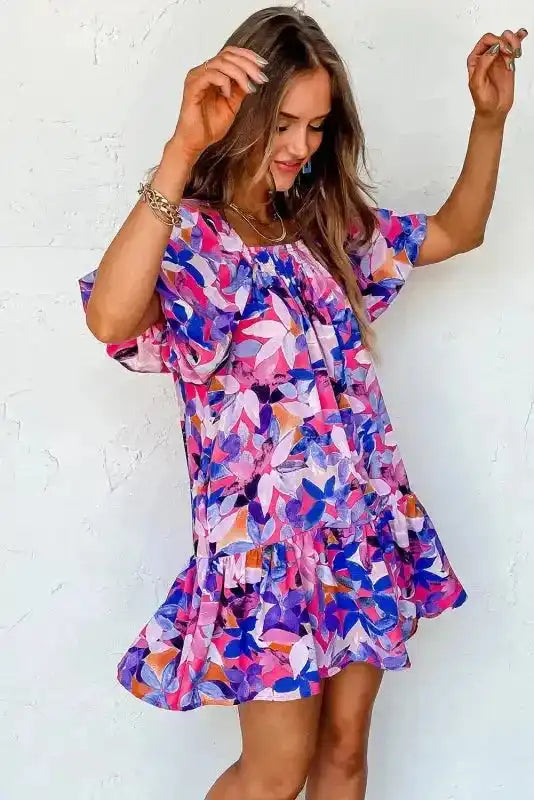 Purple Flower Mini Dress - Fashionfitz