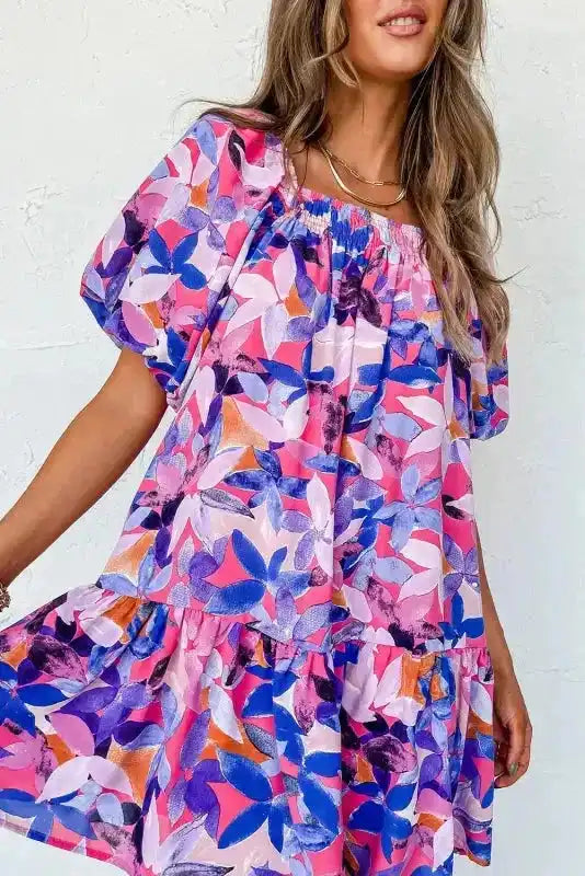 Purple Flower Mini Dress - Fashionfitz