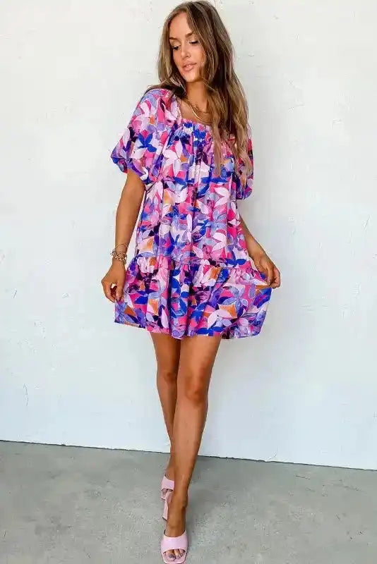 Purple Flower Mini Dress - Fashionfitz