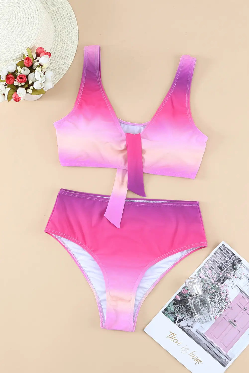 Purple gradient color knotted v neck bikini swimsuit - bikinis