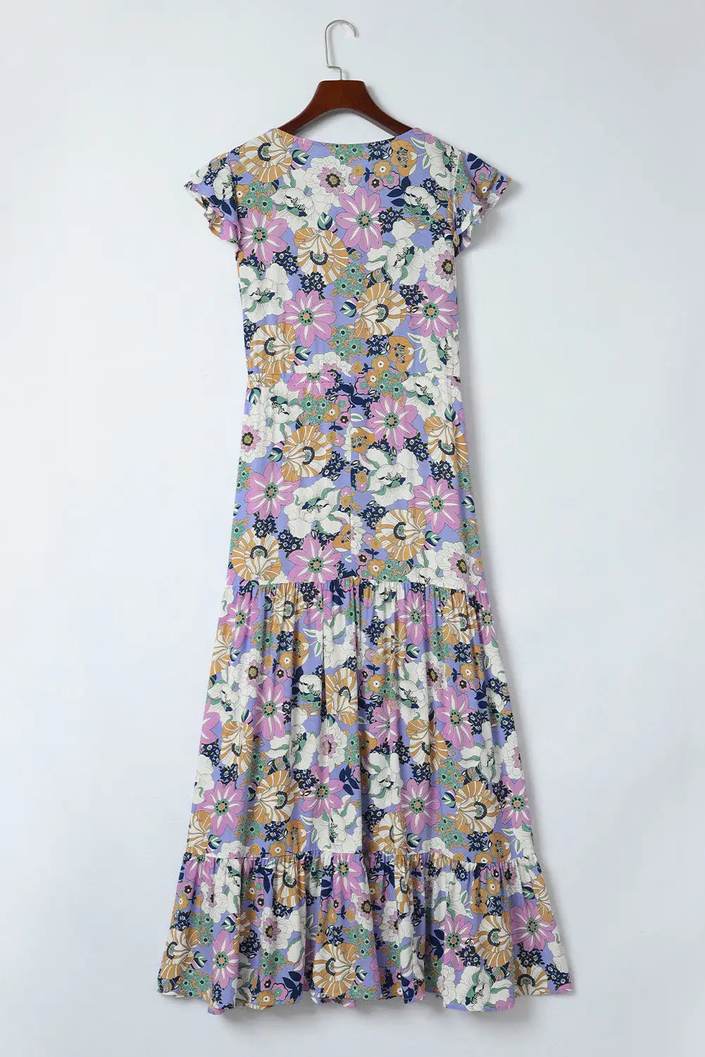 Purple layered ruffle sleeves long floral dress - dresses