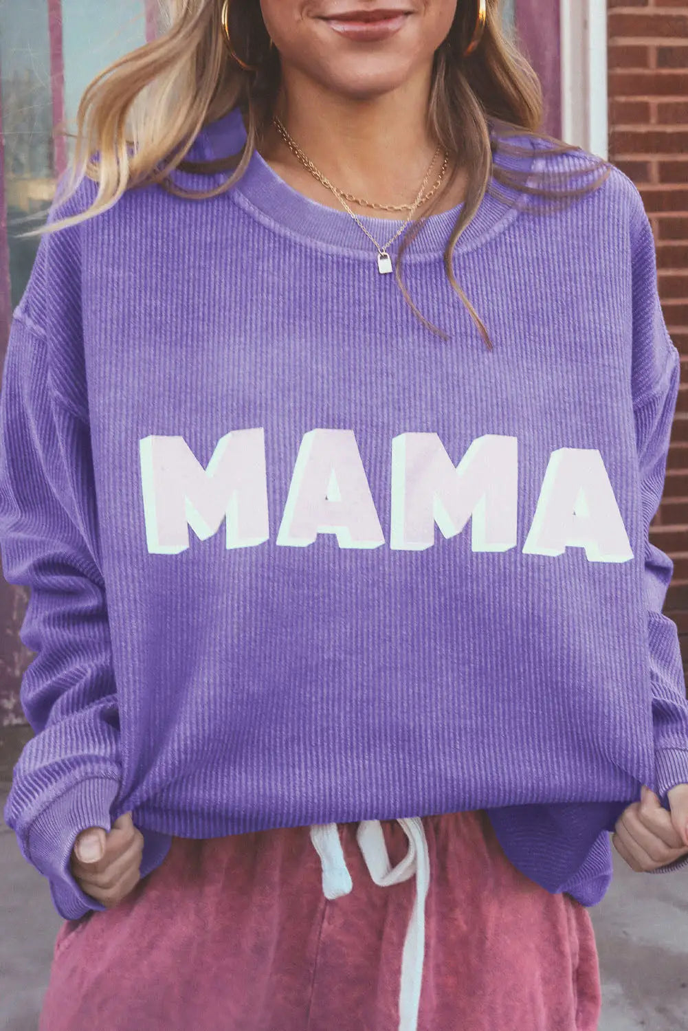 Purple mama ribbed crew neck pullover sweatshirt - s / 100% polyester - sweatshirts & hoodies