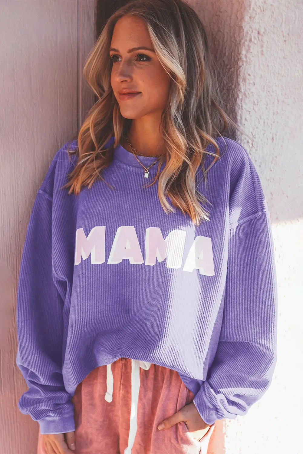 Purple mama ribbed crew neck pullover sweatshirt - sweatshirts & hoodies