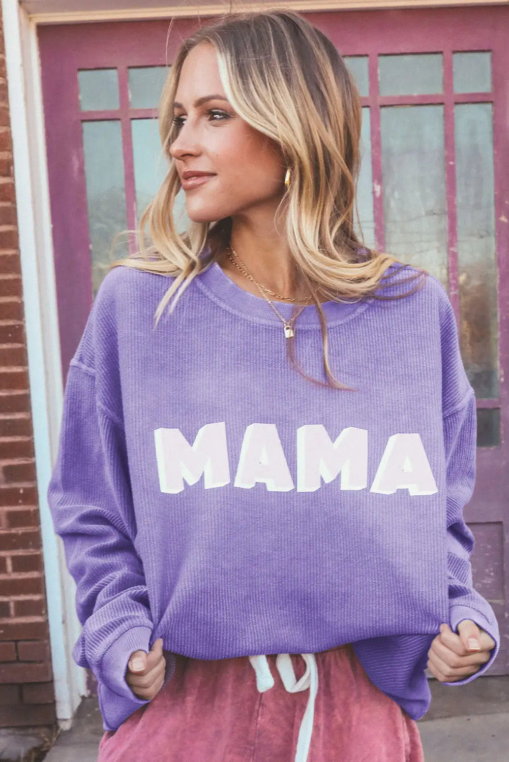 Purple mama ribbed crew neck pullover sweatshirt - sweatshirts & hoodies