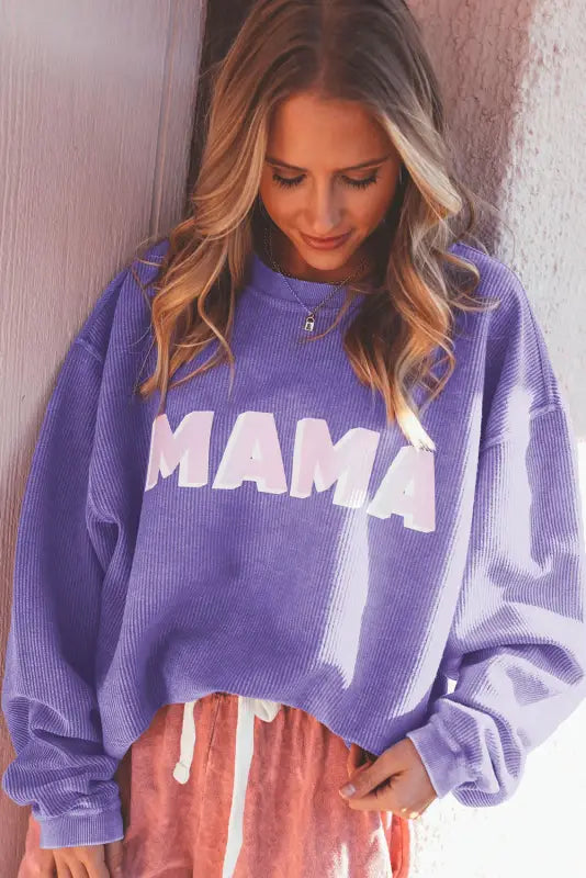 Purple mama ribbed crew neck pullover sweatshirt - sweatshirts & hoodies