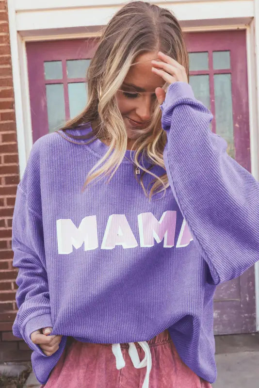 Purple mama ribbed crew neck pullover sweatshirt - sweatshirts & hoodies