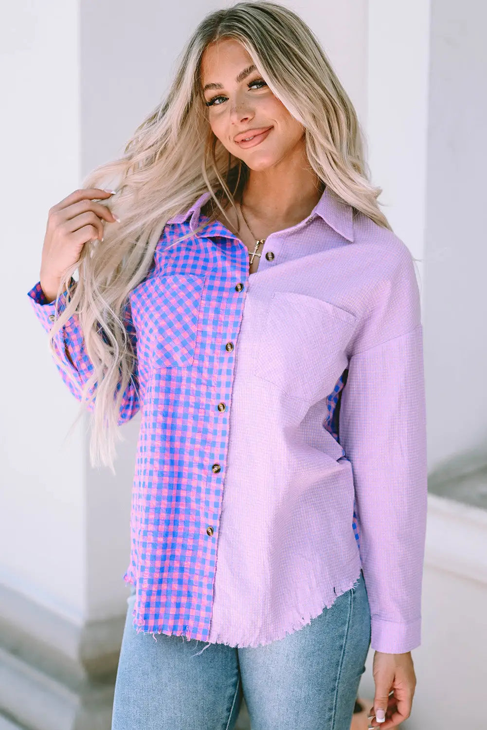 Purple mixed plaid button down long sleeve chest pocket shirt - s / 65% polyester + 35% cotton - blouses & shirts